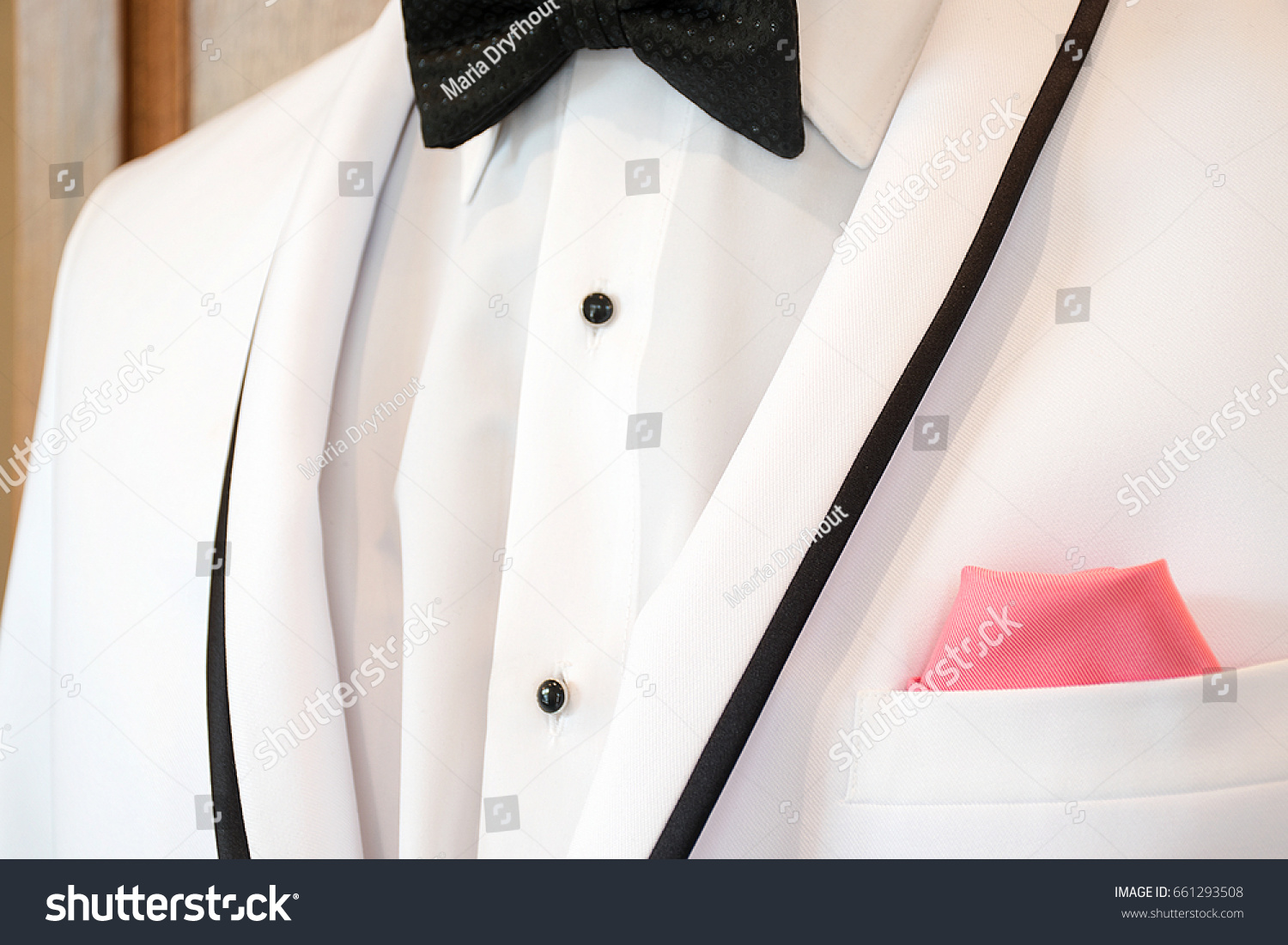 white tuxedo with black accent trim with bow tie and pink handkerchief in pocket #661293508