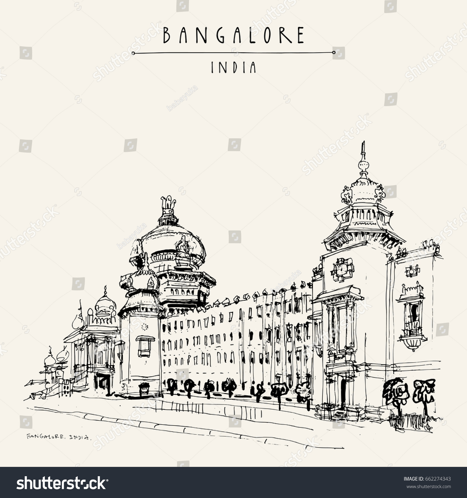 Bangalore (Bengaluru), Karnataka, India. Building in Neo-Dravidian style. Travel sketch. Vintage hand drawn postcard template. Vector illustration #662274343