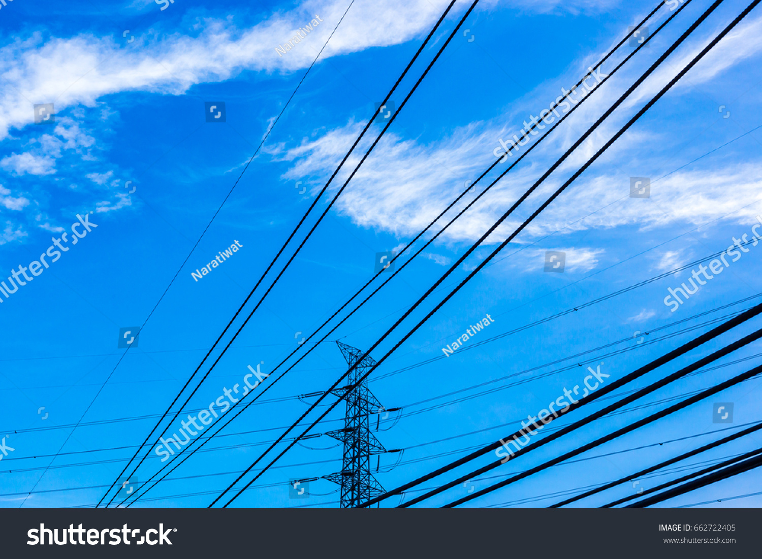 Silhouette electric pole  with  blue sky and clouds  #662722405