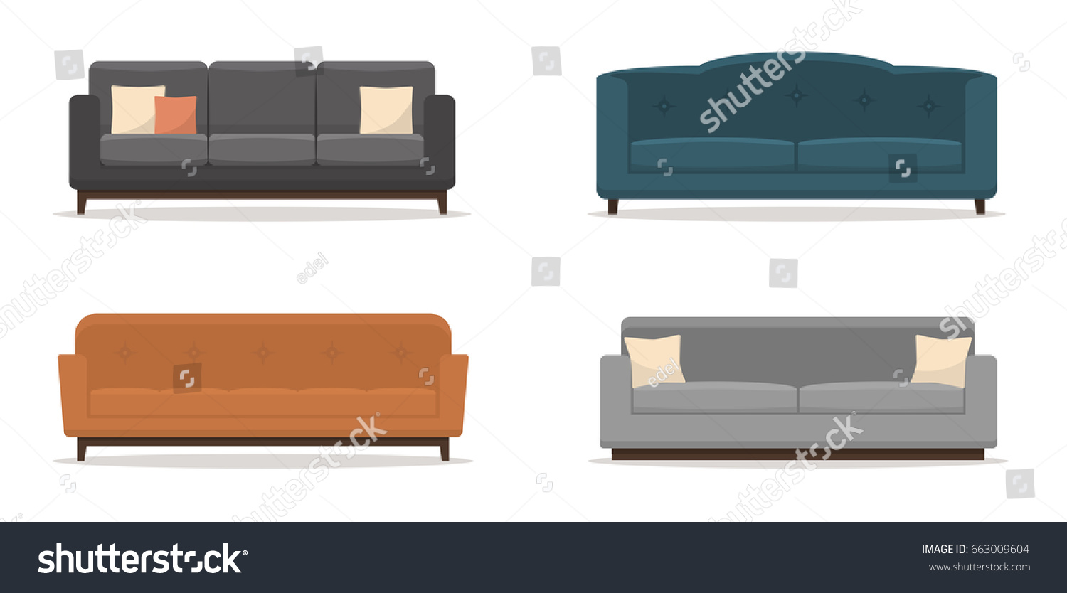 Set of sofas with pillows isolated on white background #663009604