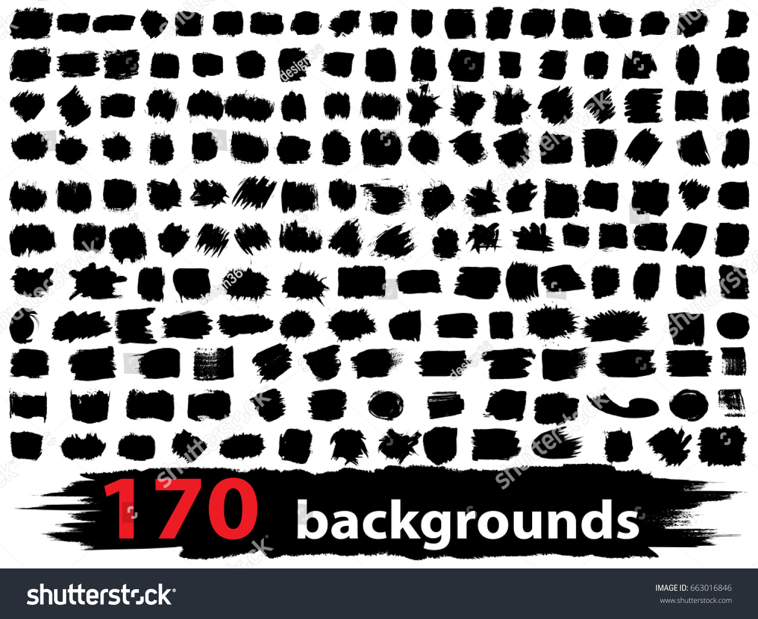Very large collection or set of 170 artistic black paint or ink hand made creative brush stroke backgrounds isolated on white as grunge or grungy art, education abstract elements frame design #663016846
