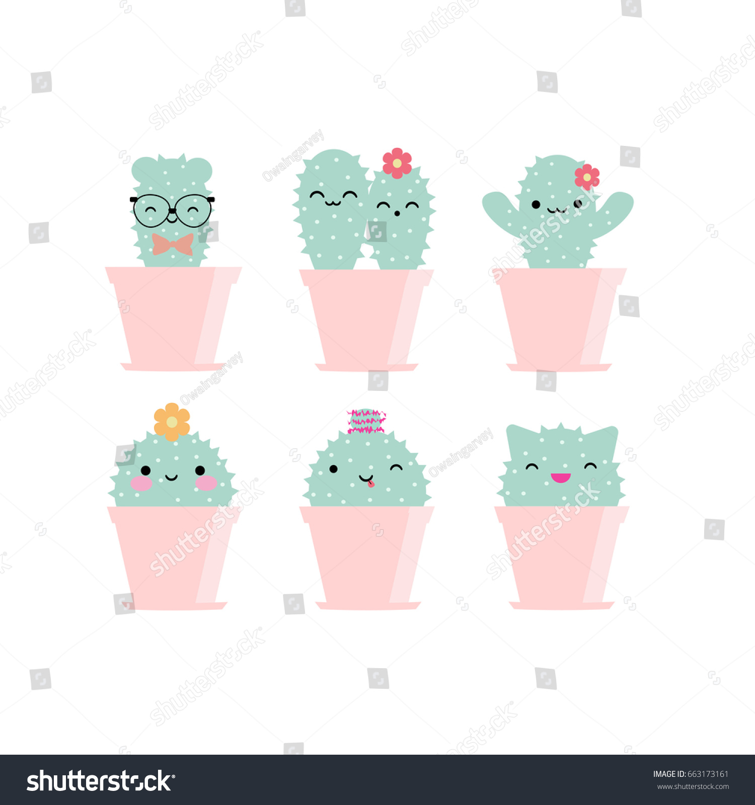 Vector kawaii cactuses with funny faces in pink pots #663173161