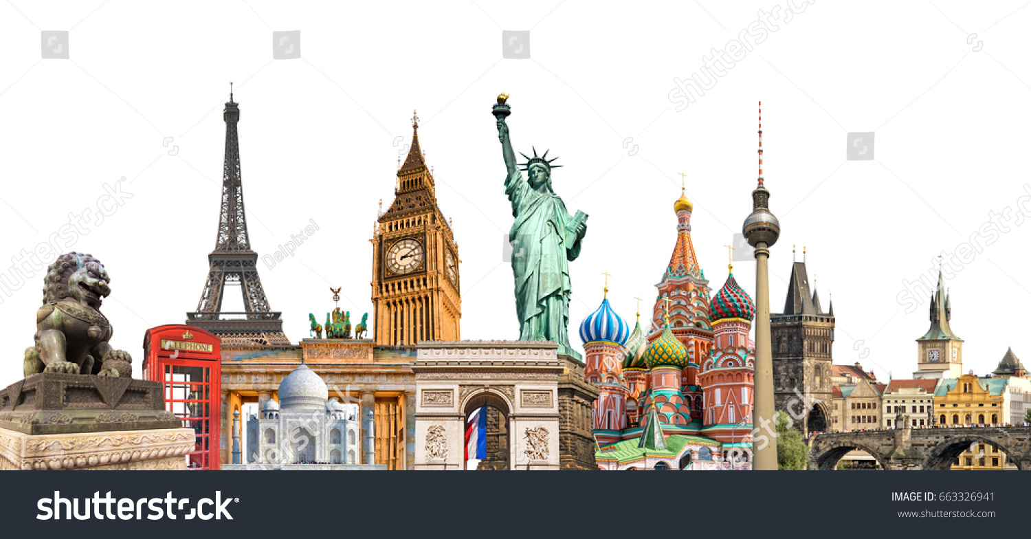 World landmarks photo collage isolated on white background, travel, tourism and study around the world concept #663326941