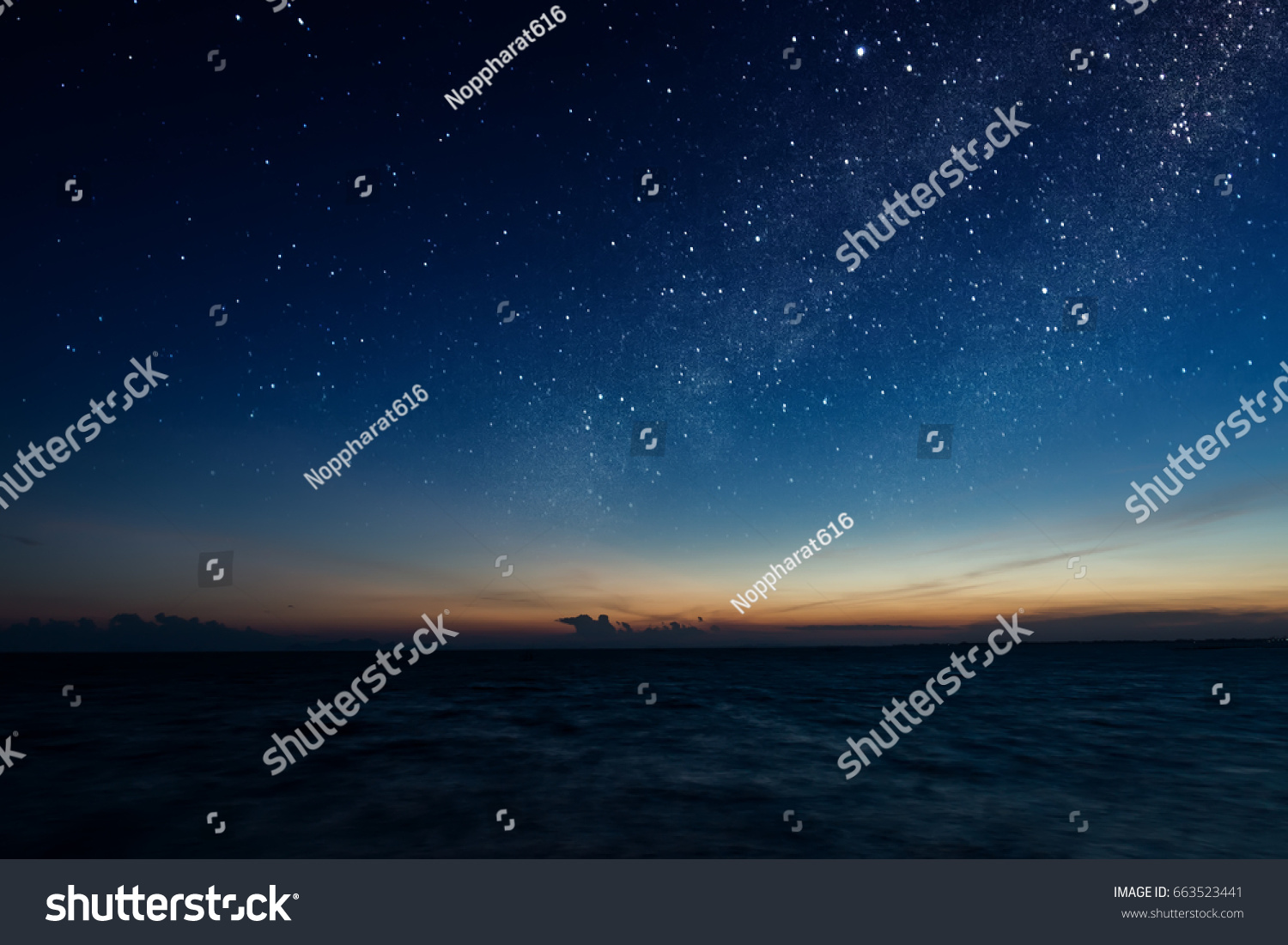 The sky with star at the lake in the twilight after sunset. #663523441