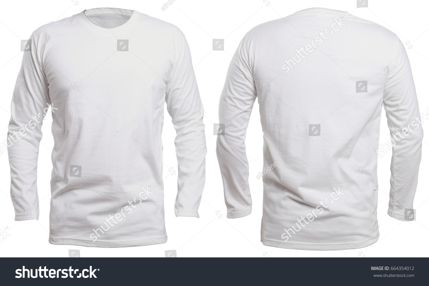Blank long sleve shirt mock up template, front and back view, isolated on white, plain white t-shirt mockup. Long sleeved tee design presentation for print. #664354012