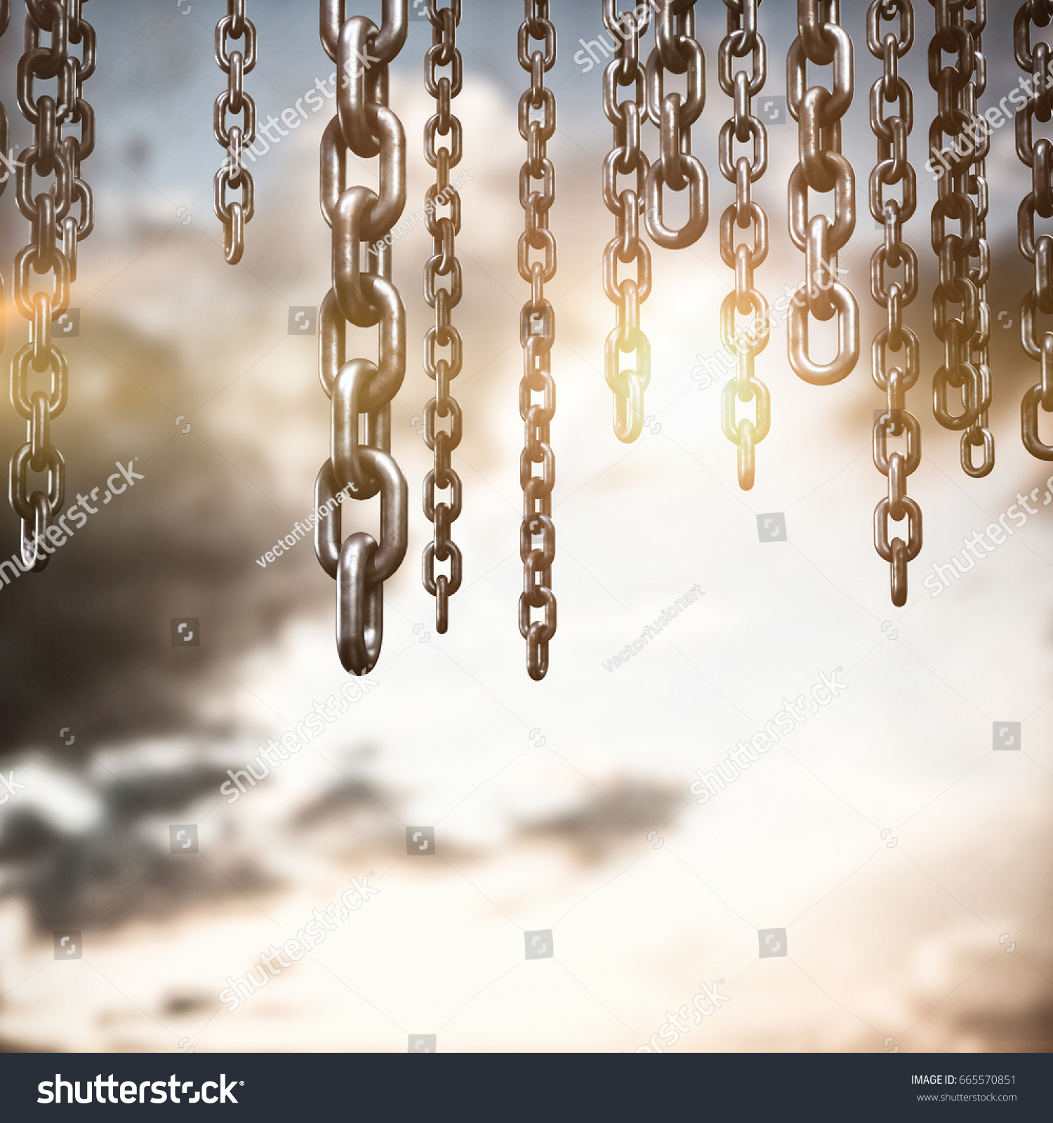 3d image of chains hanging against blue and orange sky with clouds #665570851