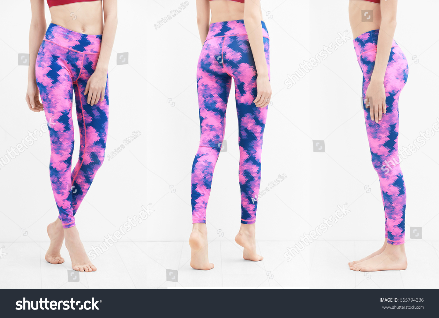 Different views of young woman in sport pants on white background #665794336