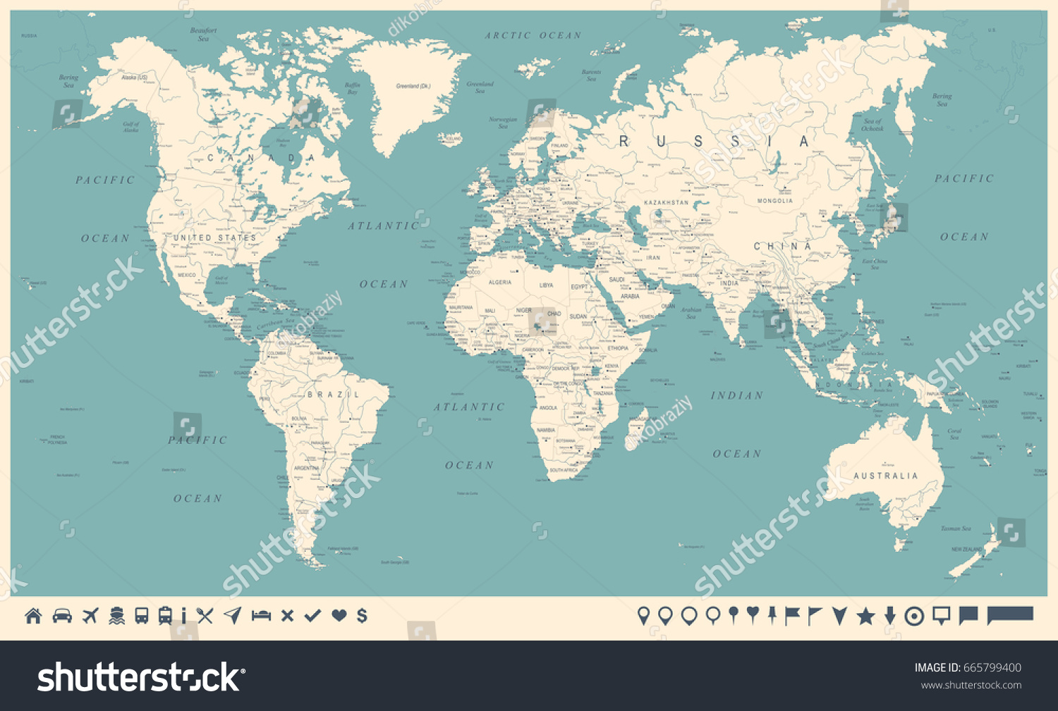 Vintage World Map and Markers - Detailed Vector Illustration #665799400