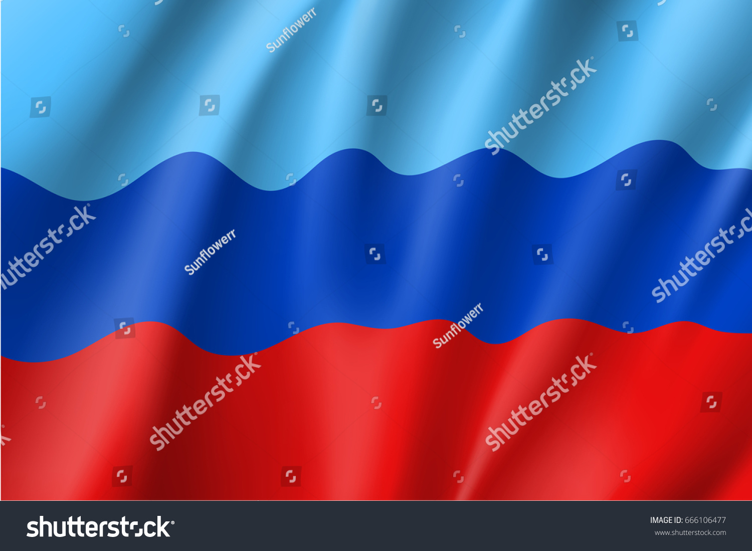 Luhansk People's Republic flag, landlocked self-proclaimed state in eastern Ukraine, blue, navy and red tricolor, state emblem. Vector realistic style illustration #666106477