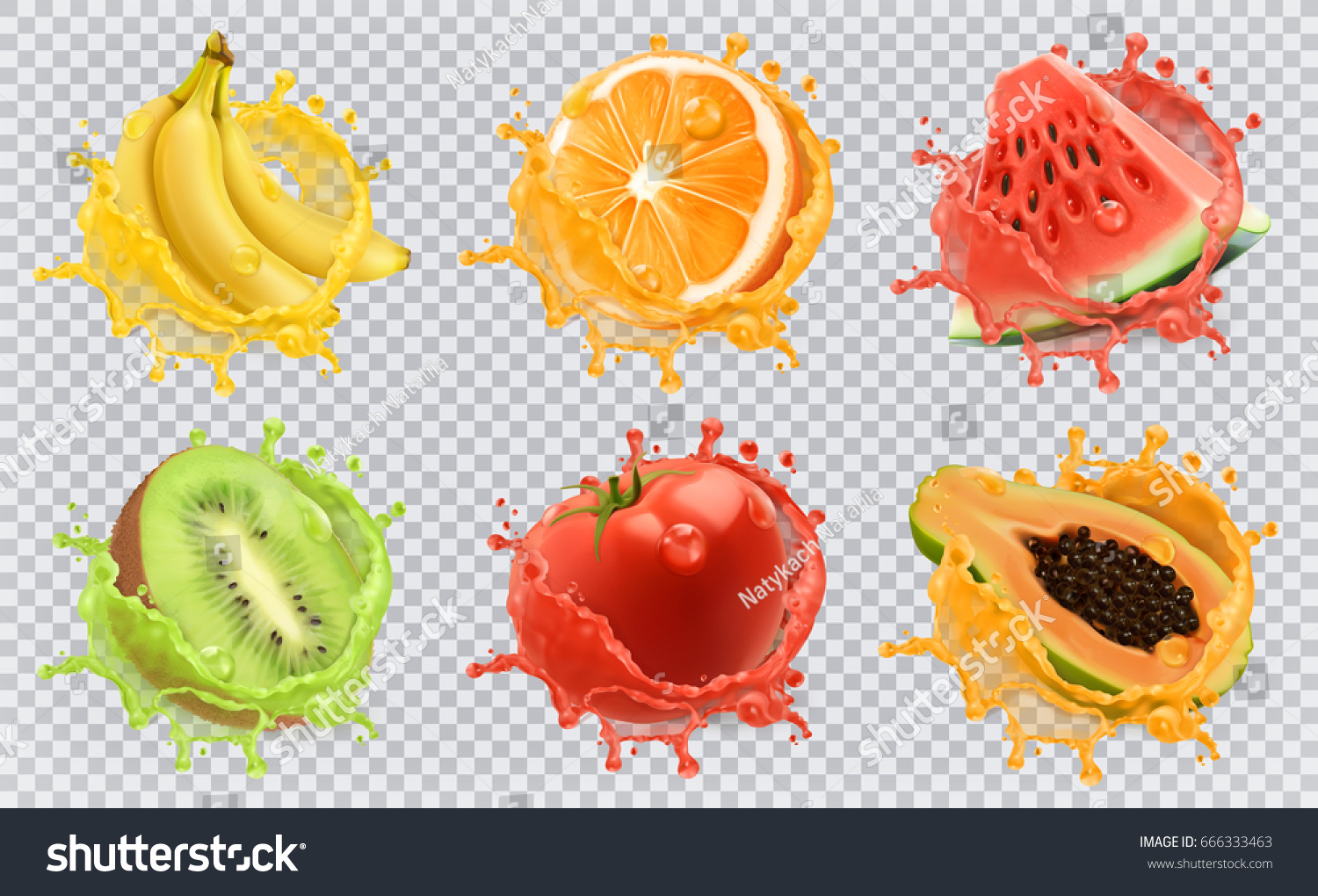 Orange, kiwi fruit, banana, tomato, watermelon, papaya juice. Fresh fruits and splashes, 3d vector icon set. #666333463