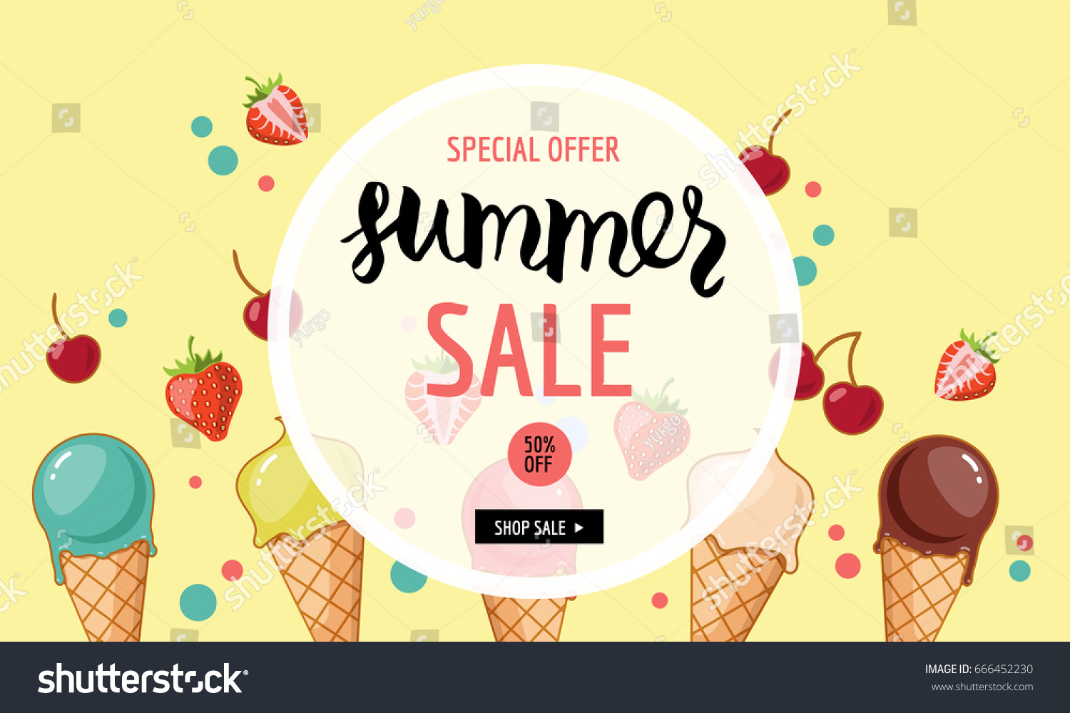 Summer sale banner template. Ice cream, strawberries, cherries. Cartoon style. Vector illustration. #666452230
