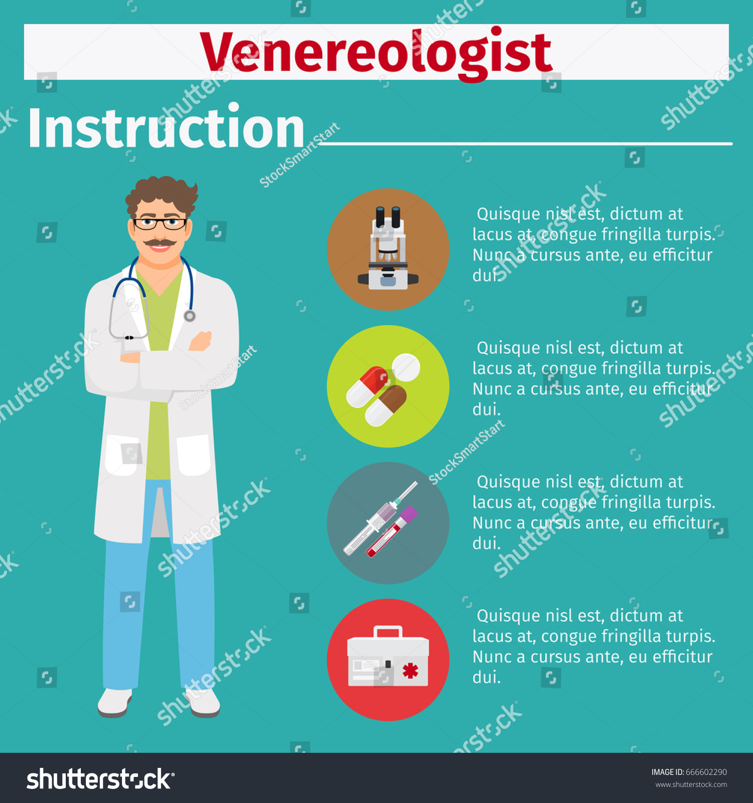 Medical equipment instruction manuals with icons for venereologist. Vector illustration #666602290