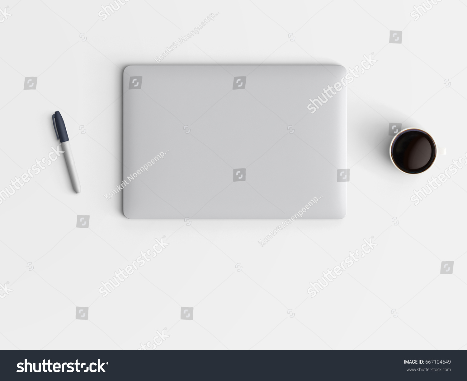 Modern office desk workplace with closed laptop, coffee cup and pen copy space on color background. Top view. Flat lay style. #667104649