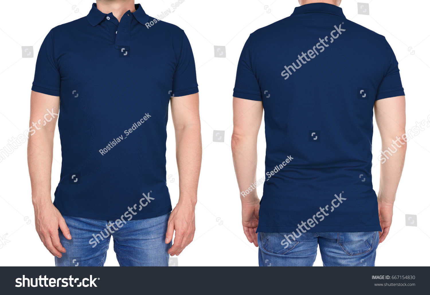 T-shirt design - young man in blank dark blue polo shirt from front and rear isolated #667154830
