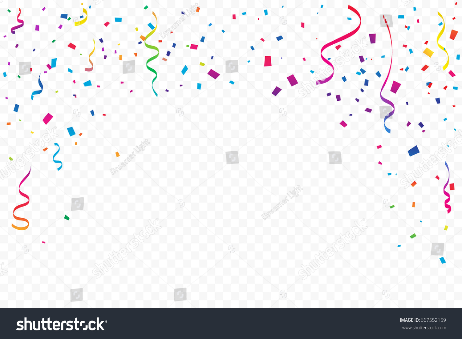 Many Falling Colorful Tiny Confetti And Ribbon On Transparent Background. Celebration Event and Party. Multicolored. Vector #667552159