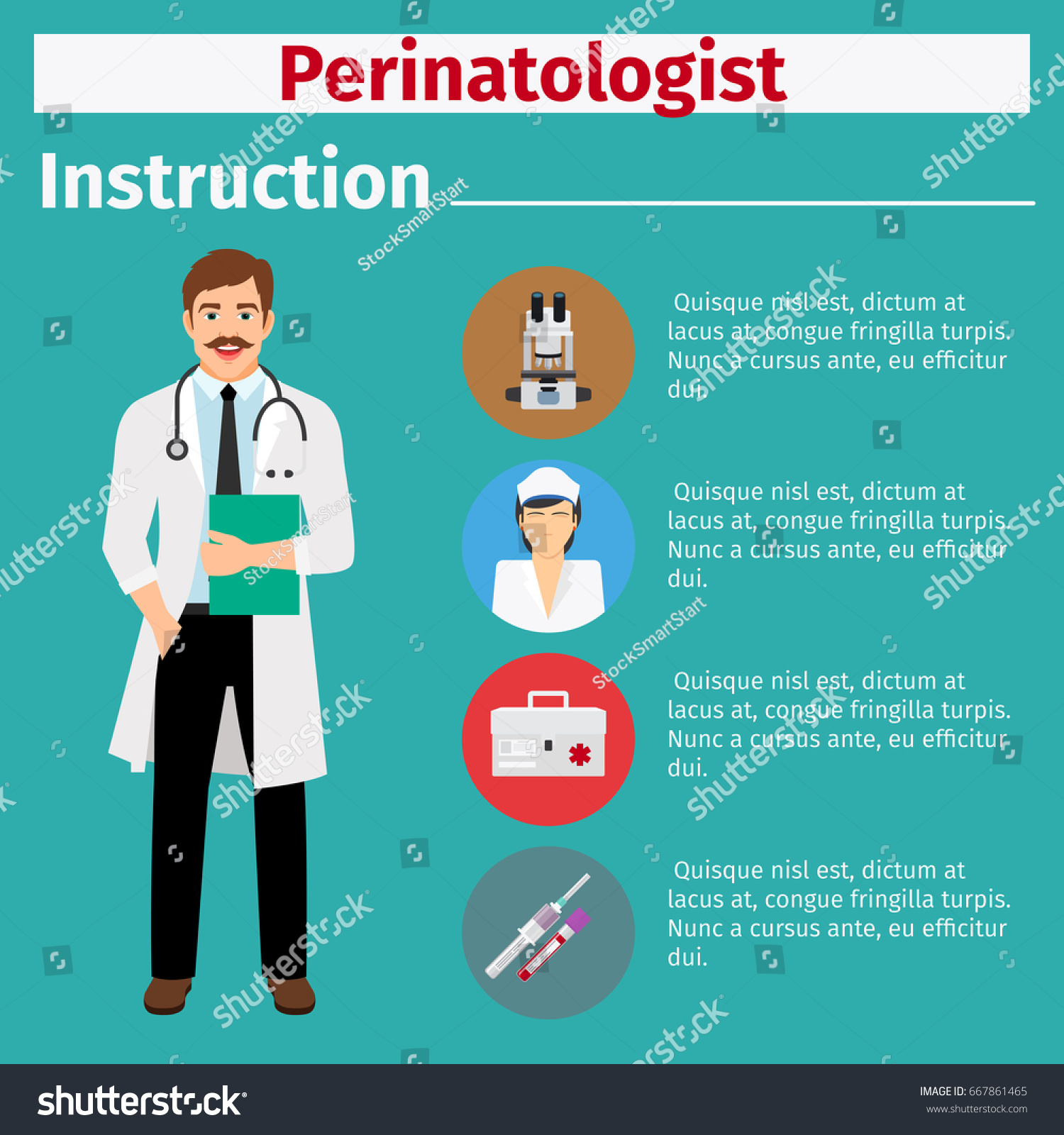 Medical equipment instruction manuals with icons for perinatologist. Vector illustration #667861465