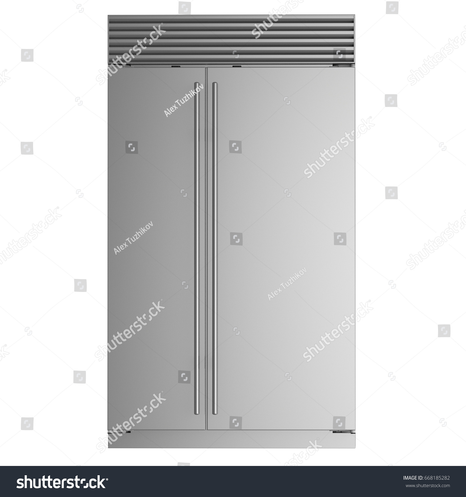 Double door fridge isolated front view. 3D Rendering. Concept model. #668185282