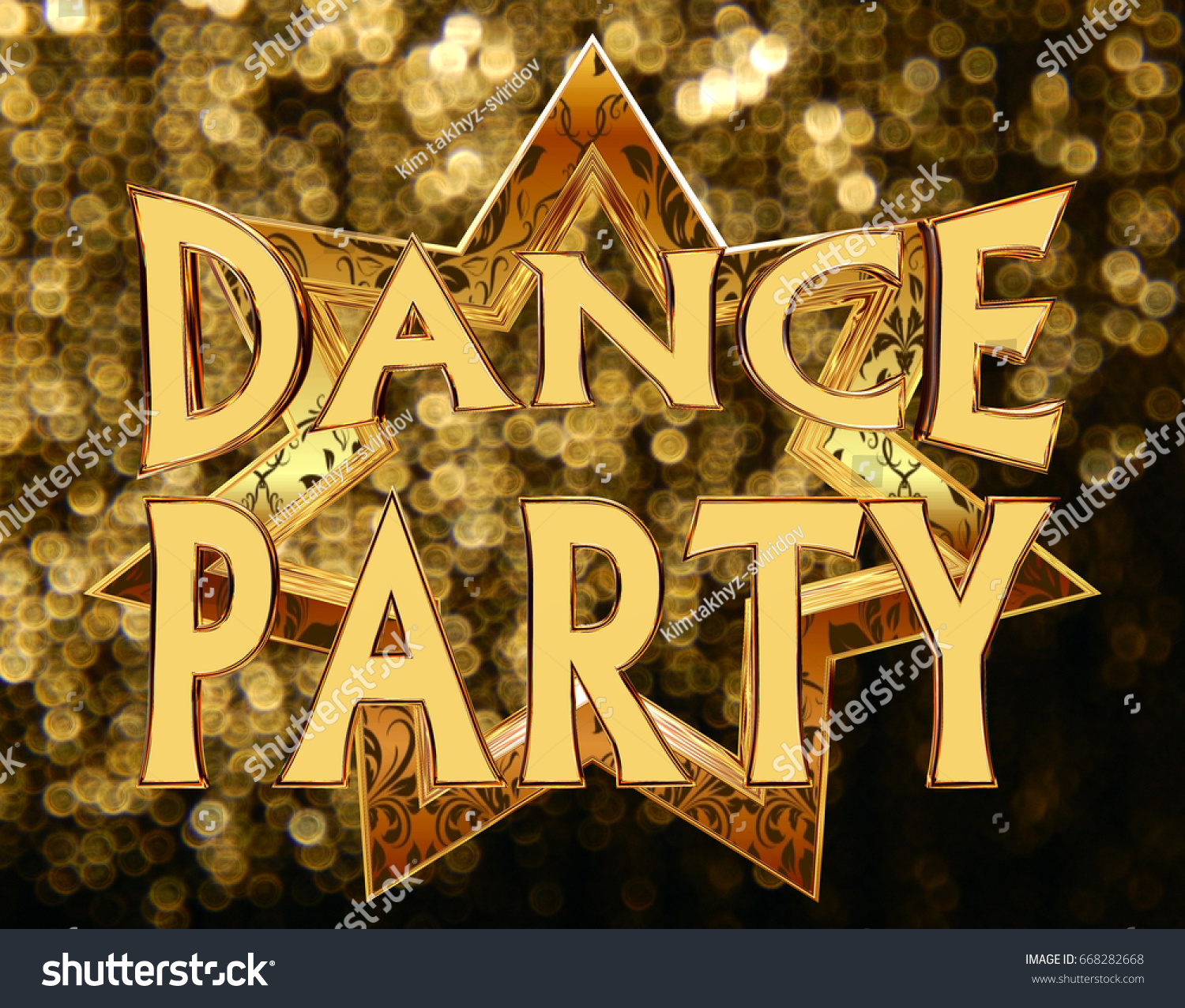 3d rendering. Text dance party on a golden star on a brilliant background #668282668