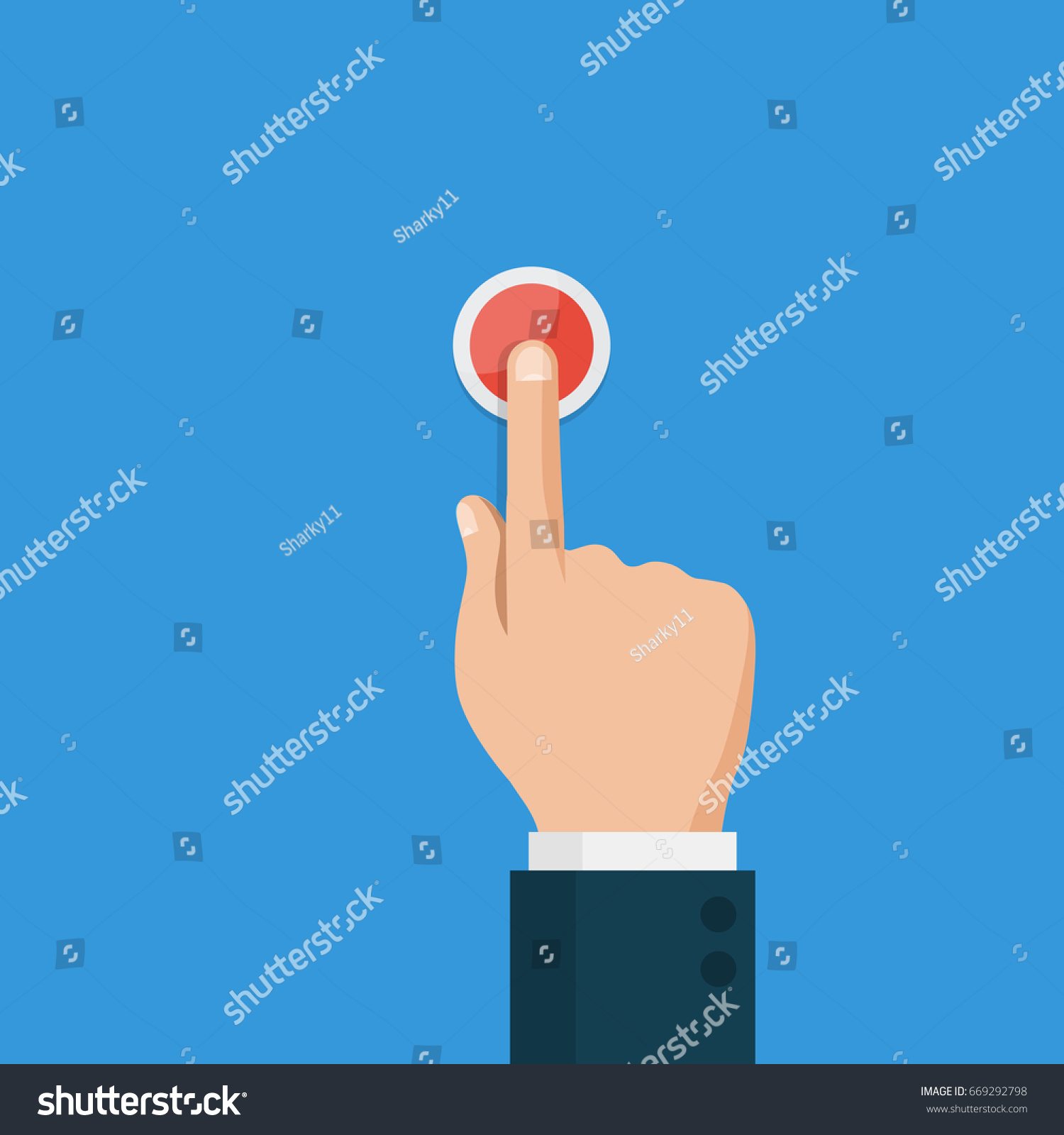 Hand press red button,top view. Flat design style vector illustration #669292798