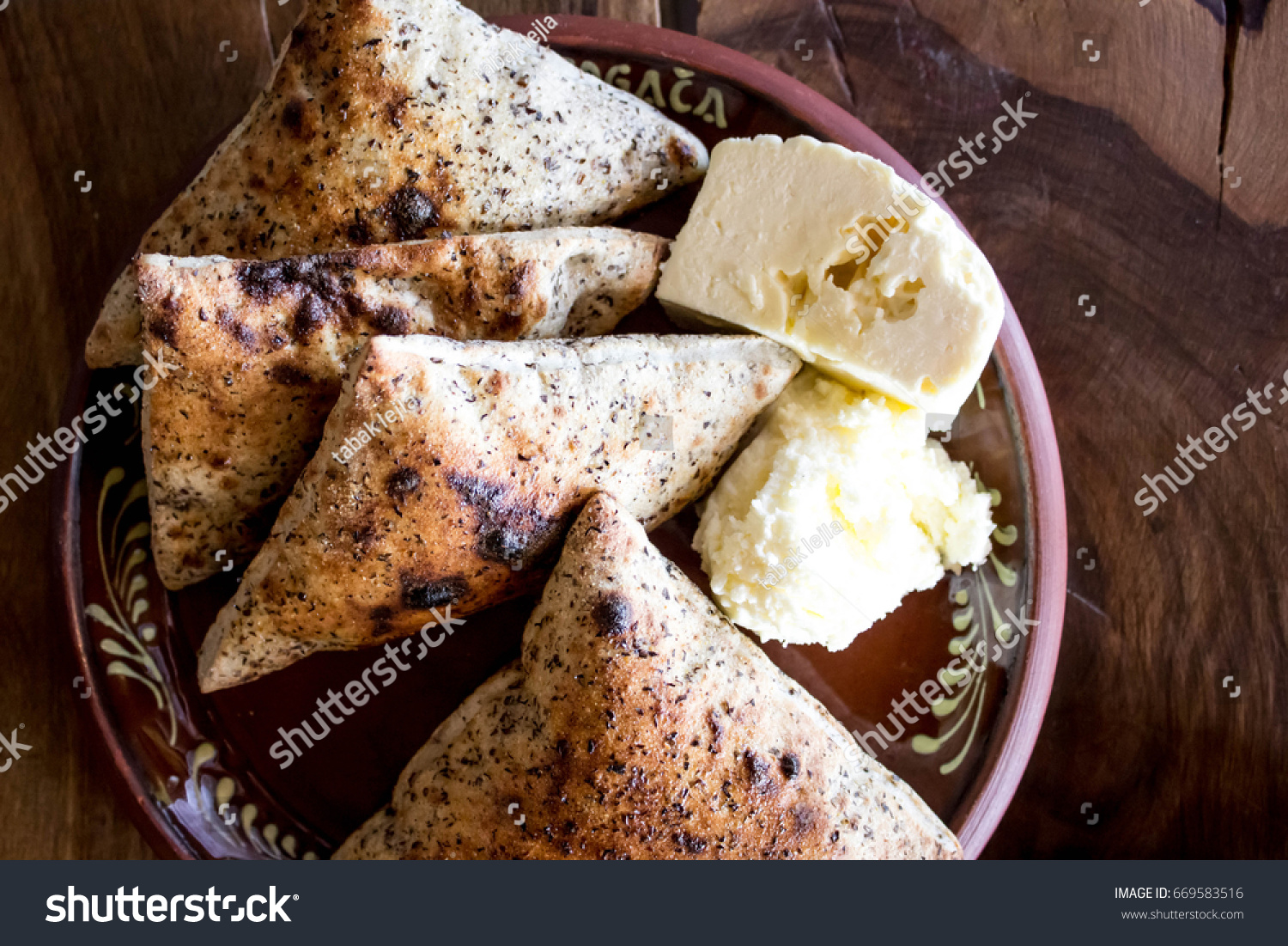 Traditional Bosnian breakfast, buckwheat, homemade bread, homemade yogurt, homemade cheese #669583516