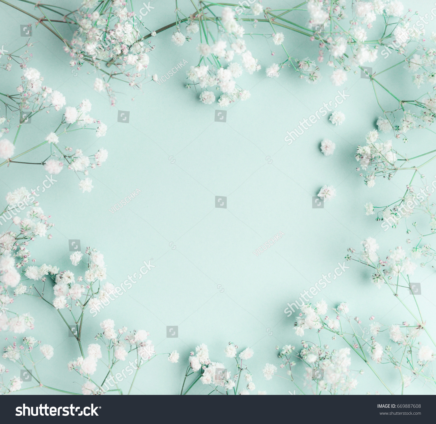 Floral composition with light, airy masses of small white flowers on turquoise blue background, top view, frame.  Gypsophila Baby's-breath flowers #669887608