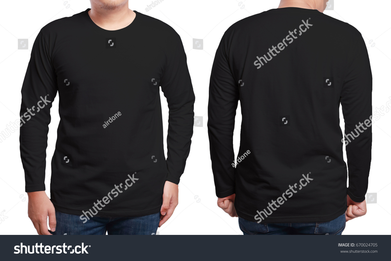 Black long sleeved t-shirt mock up, front and back view, isolated. Male model wear plain black shirt mockup. Long sleeve shirt design template. Blank tees for print #670024705