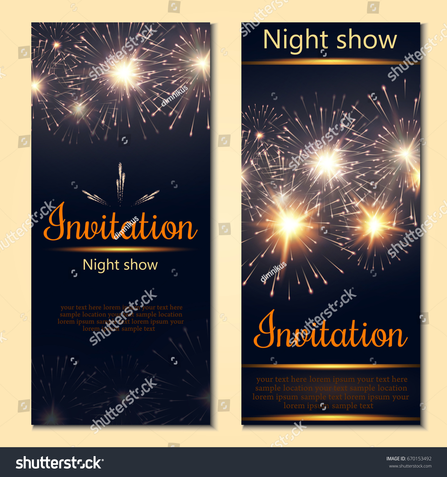 A set of 2 brochures of festive design. Invitation card with realistic fireworks. Vector. #670153492