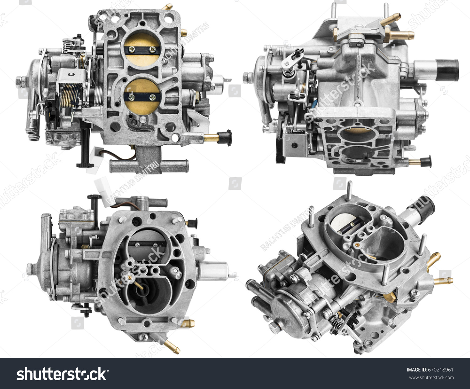 Car carburetor in different positions on a white background with shallow depth of field #670218961