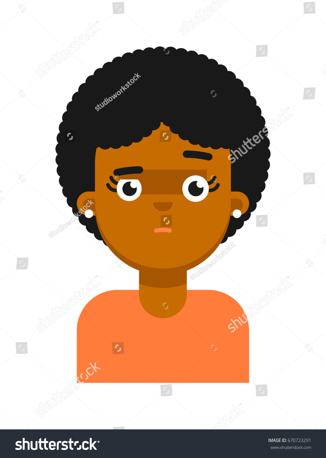 Afraid facial expression of black girl avatar. Young african woman face, people emoticon icon, emoji vector illustrations isolated on white background. #670723291