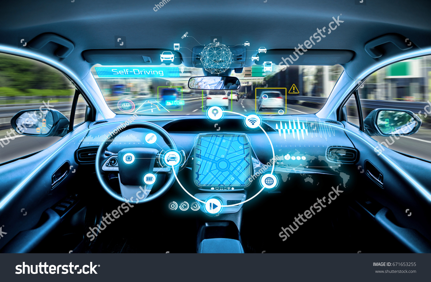 empty cockpit of vehicle. HUD(Head Up Display) and digital instruments panel, autonomous car #671653255
