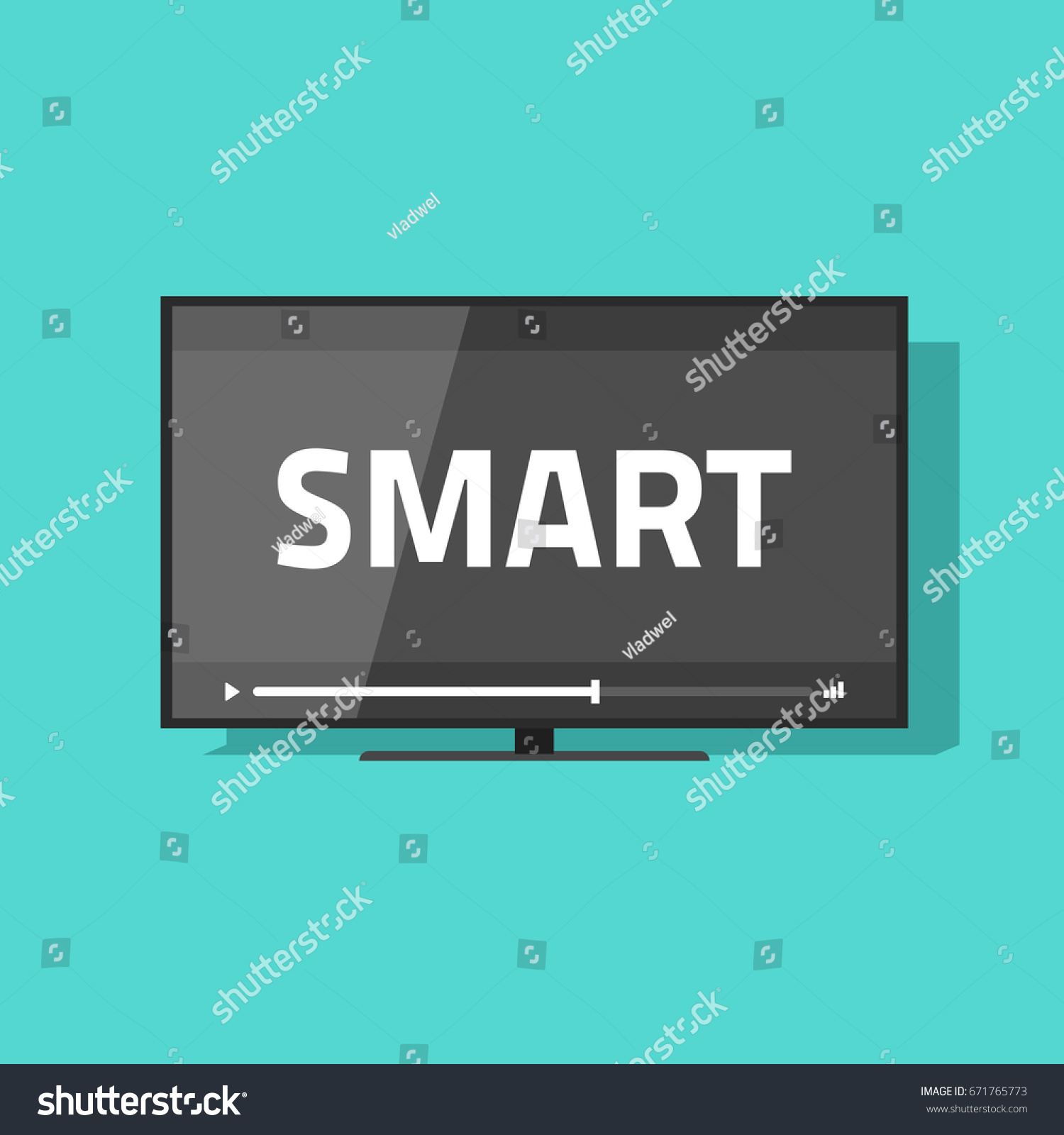 Flat screen smart tv with video vector icon, led television display with smart digital technology text #671765773