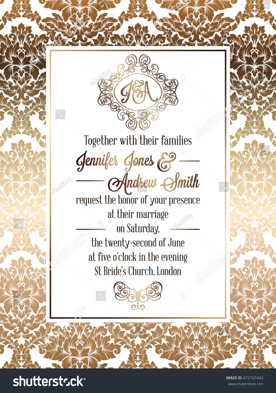 Vintage baroque style wedding invitation card template.. Elegant formal design with damask background, traditional decoration for wedding. Gold on white background #672107443