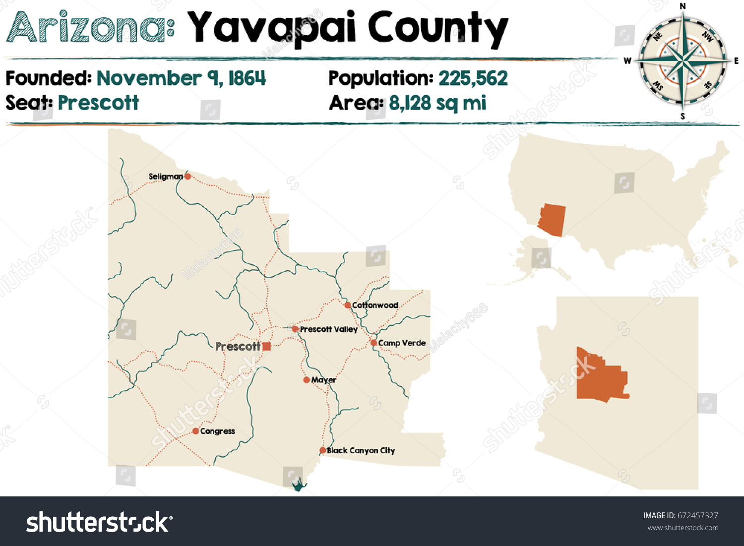 Large and detailed map of Yavapai county in - Royalty Free Stock Vector ...