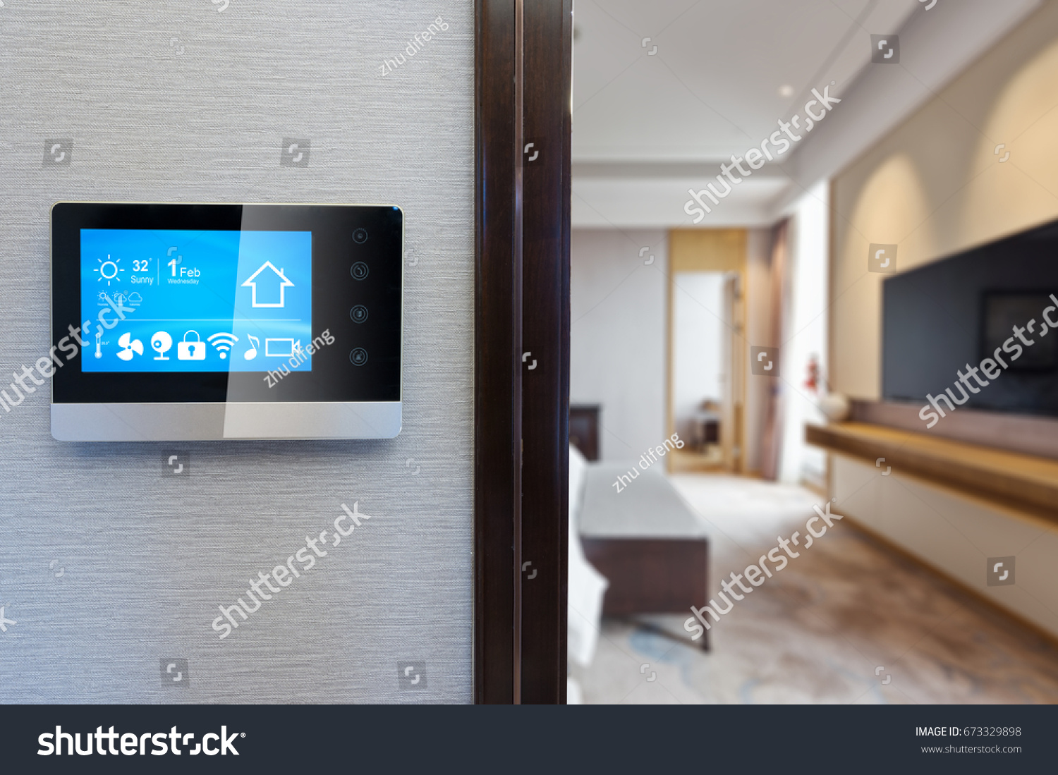 digital screen on wall with modern luxury living room #673329898