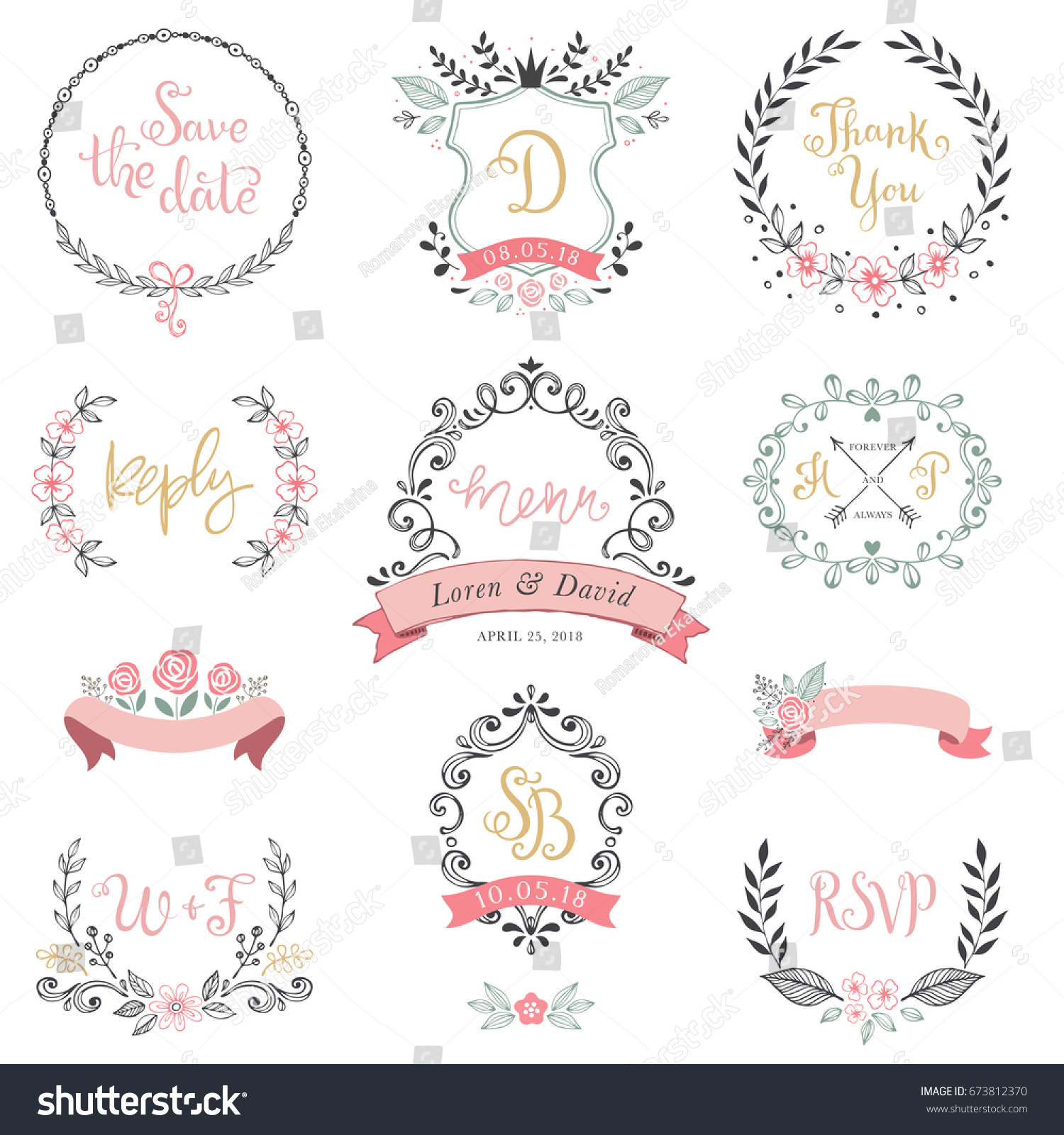 Floral wreaths, monograms and frames collection. Set of cute hand drawing retro rustic design elements perfect for wedding invitations, save the date, thank you, menu, reply and greeting cards. #673812370