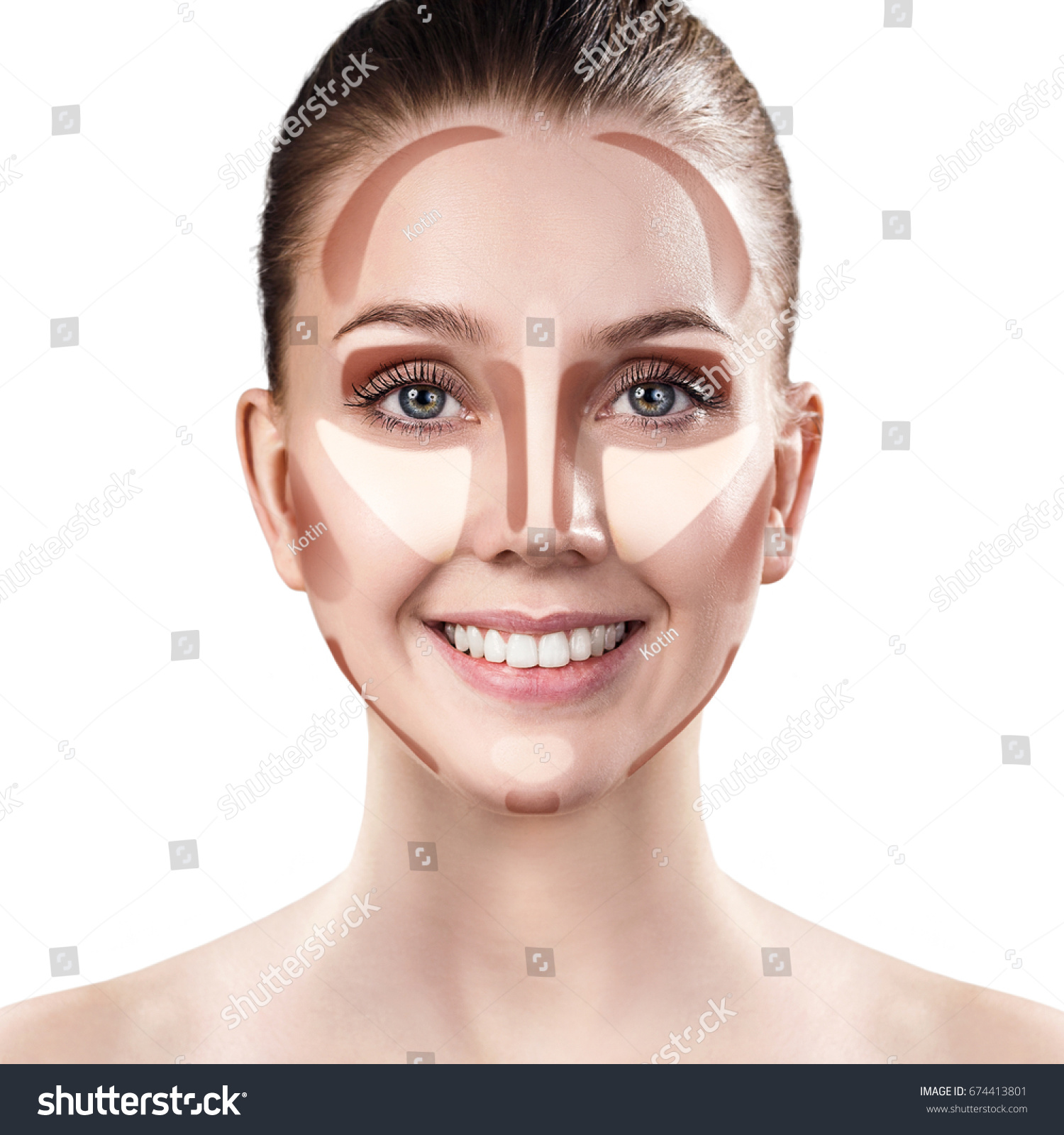 Young woman with sample contouring and highlight makeup on face. #674413801