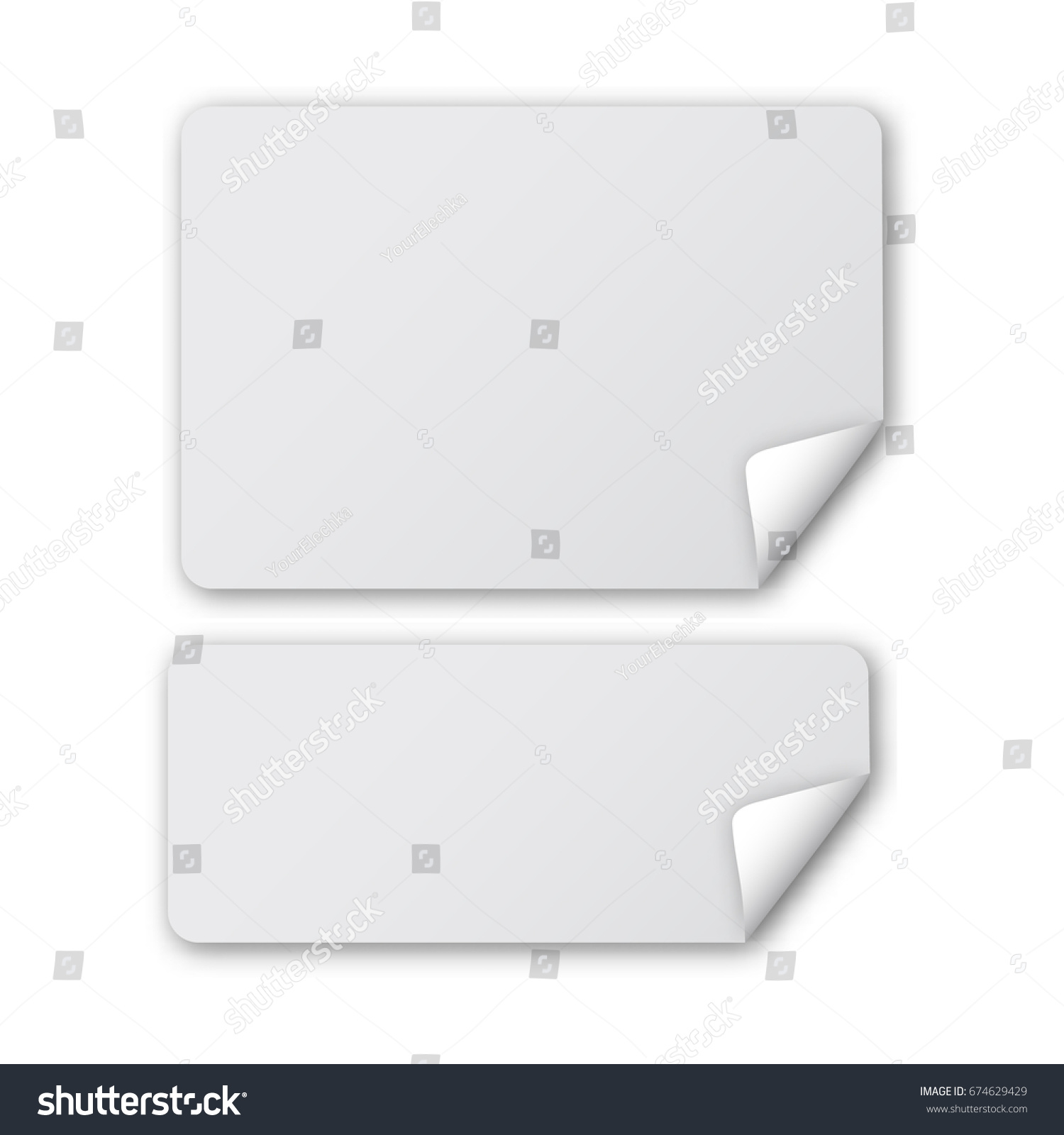 Rounded rectangle peel off papers with realistic shadow. Web banner template with curled corner. Vector illustration isolated on white background. #674629429