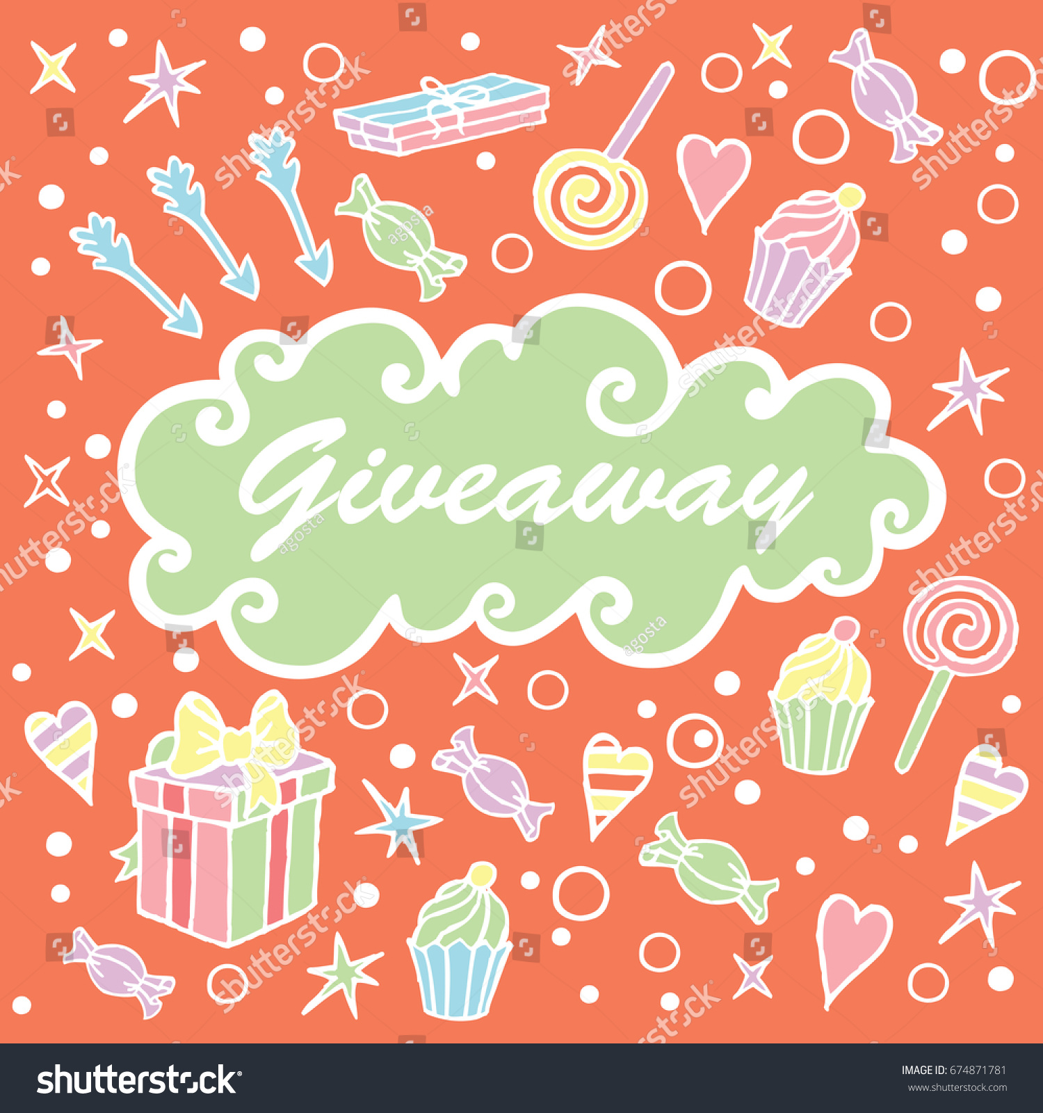 Giveaway, banner with cloud on the orange background / Giveaway banner, freehand style, great for social media #674871781