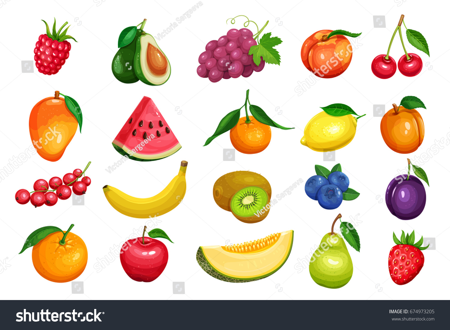 Raspberries, strawberries, grapes, currants and blueberries. Lemon, peach, apple, pear, orange watermelon avocado and melon set Vector illustration berries and fruits in cartoon style. #674973205