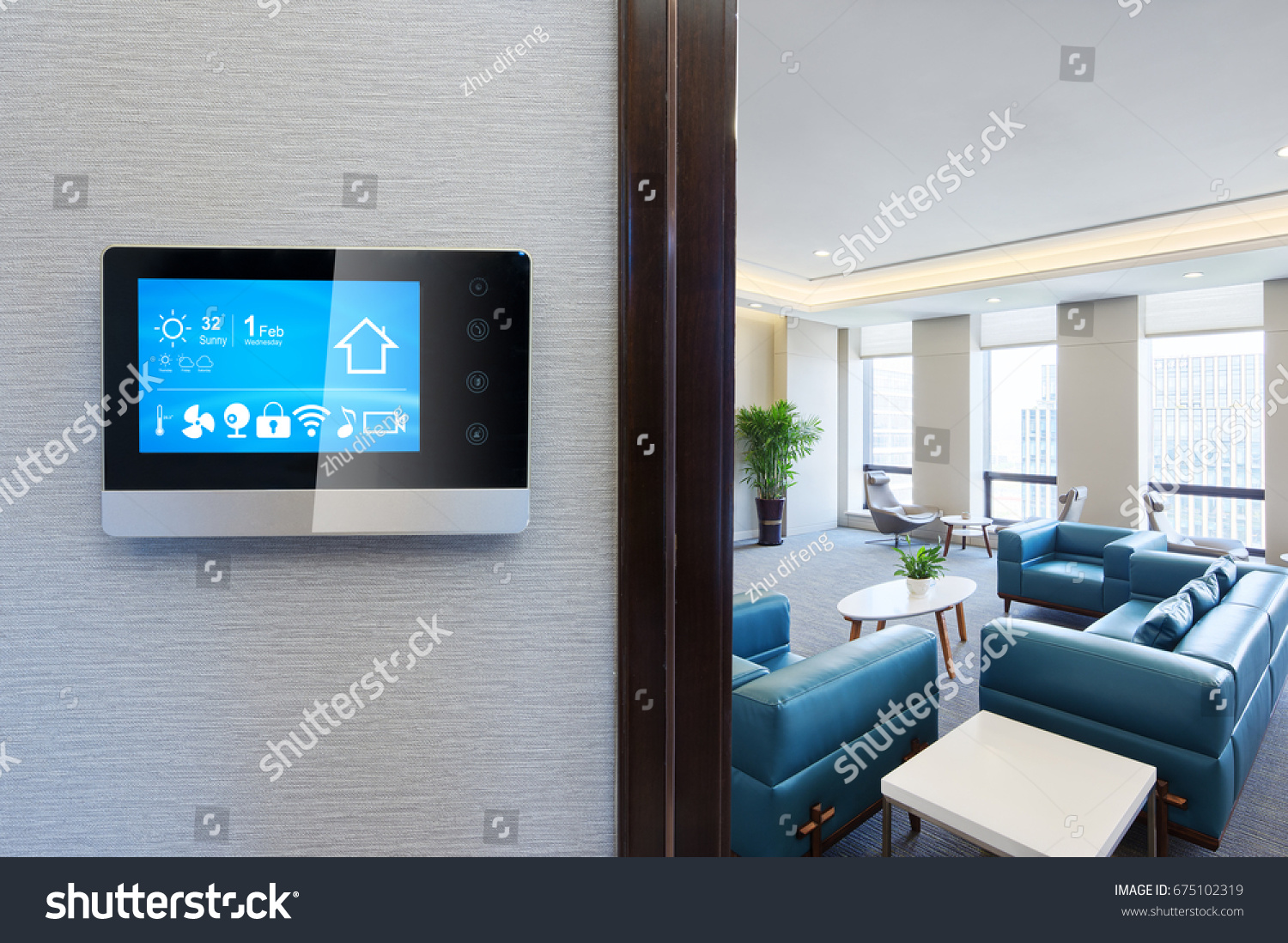 smart screen with smart home apps on wall in modern living room #675102319