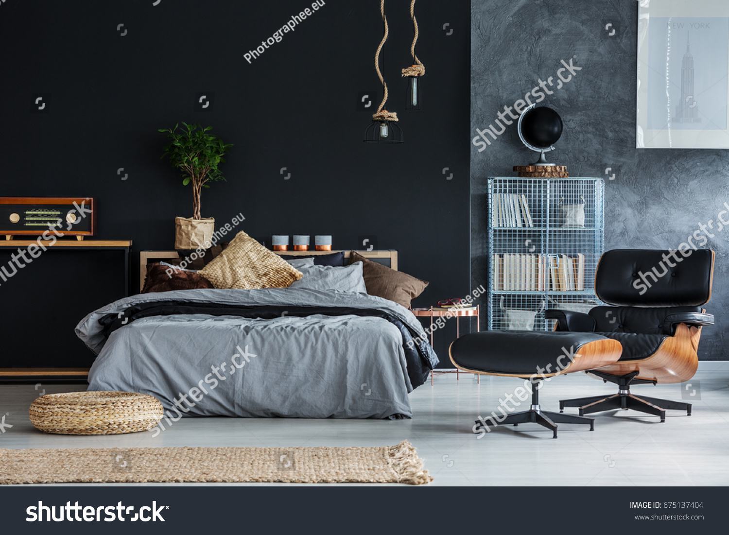 Wicker accessories in black and grey modern bedroom #675137404