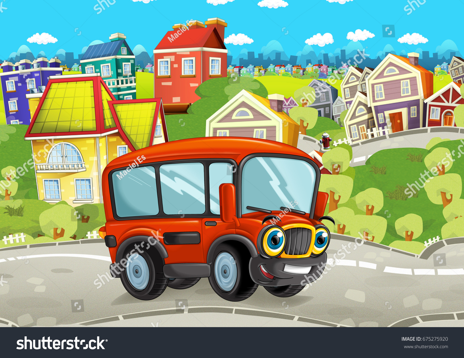 Happy And Funny Cartoon Bus Looking And Smiling - Royalty Free Stock 