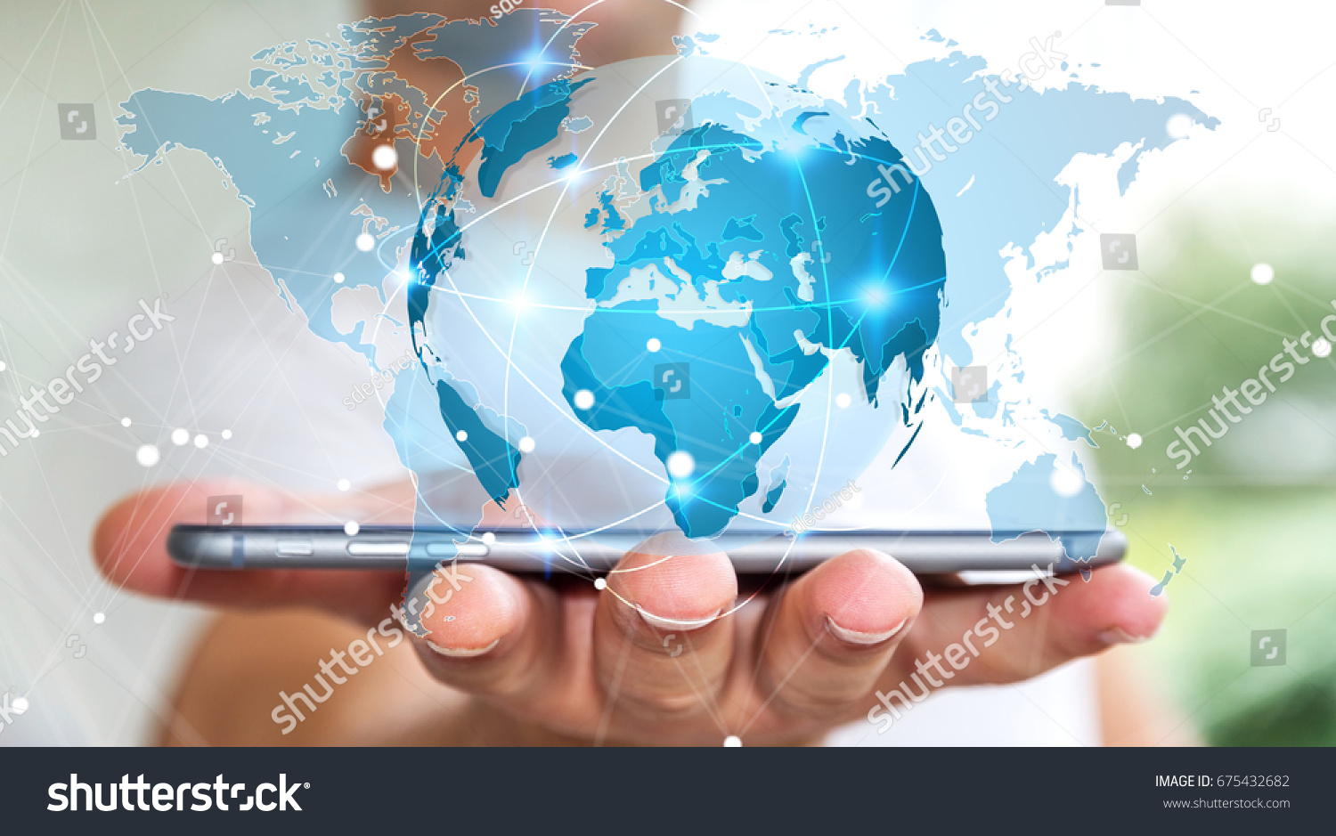 Businessman holding global network and data exchanges over his phone 3D rendering #675432682