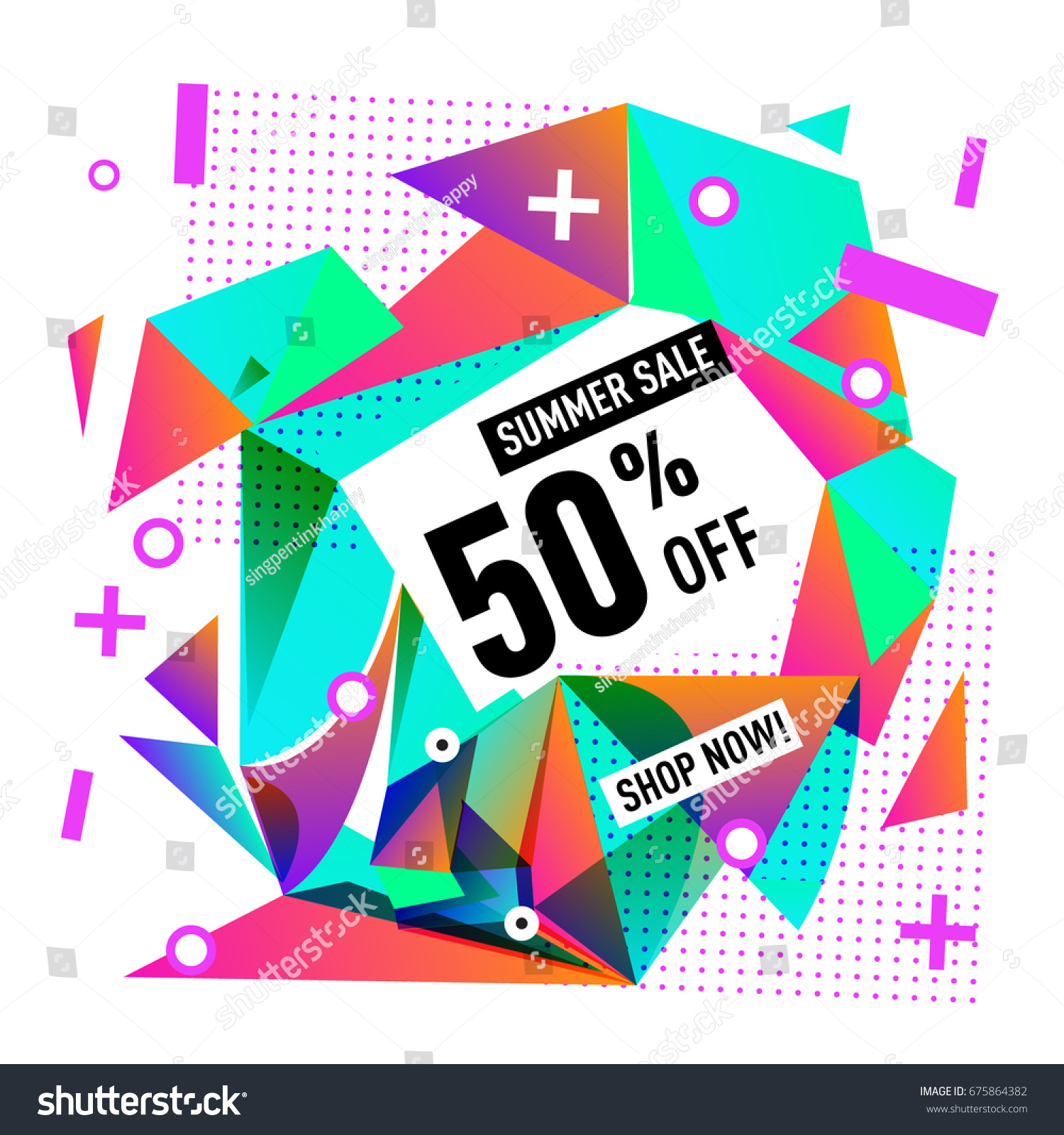 Summer sale geometric style web banner. Fashion and travel discount. Vector holiday Abstract colorful illustration with special offers and promotions. #675864382