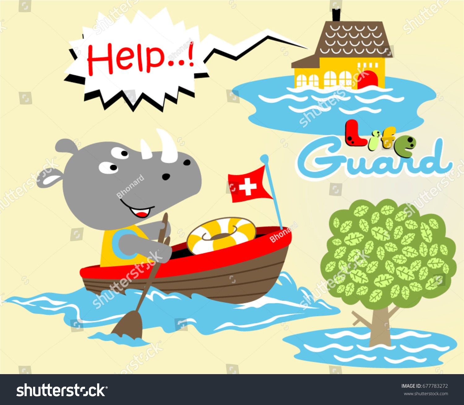 Cute rhinoceros the lifeguard on boat in rescue, vector cartoon illustration #677783272