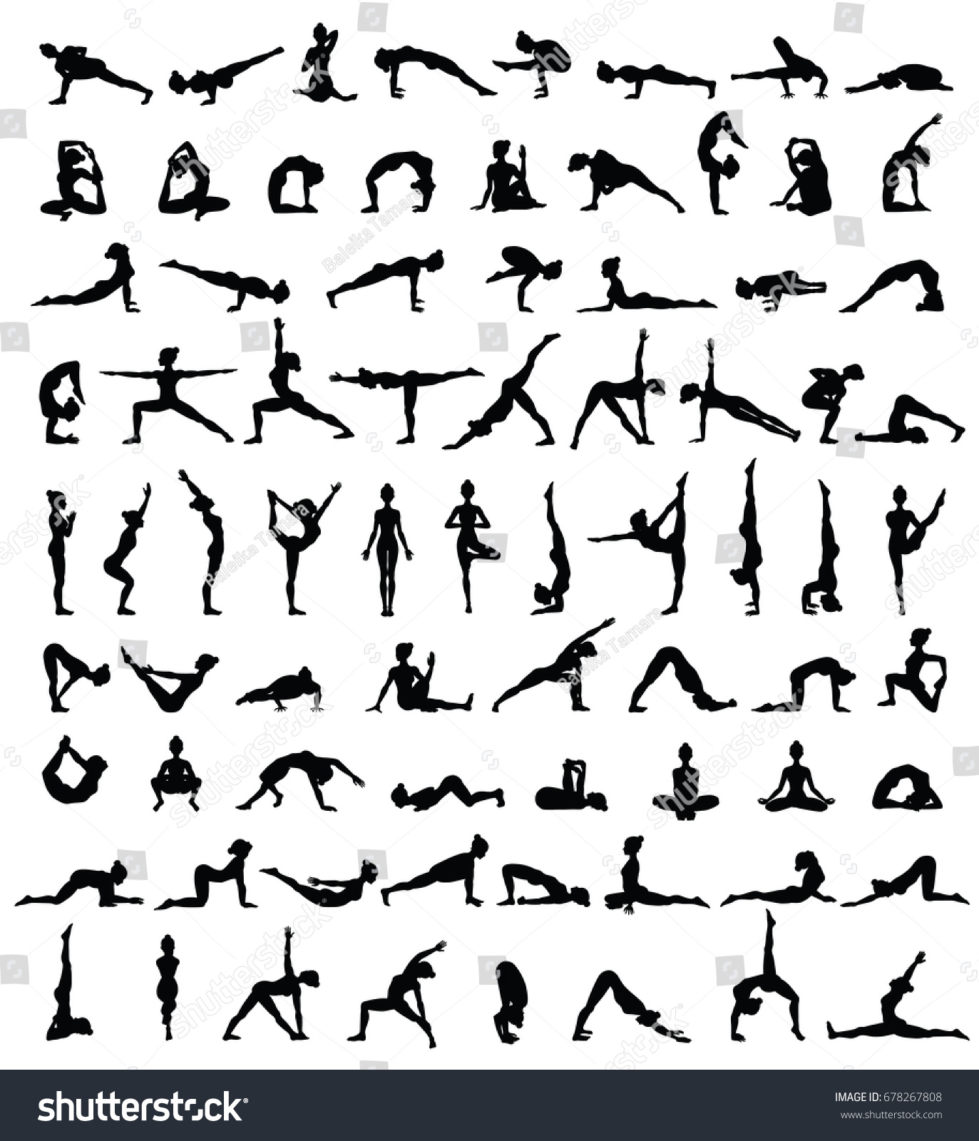 Women silhouettes. Collection of yoga poses. Asana set. Vector illustration #678267808