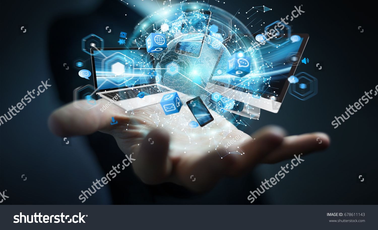 Tech devices connected to each other by businessman on blurred background 3D rendering #678611143