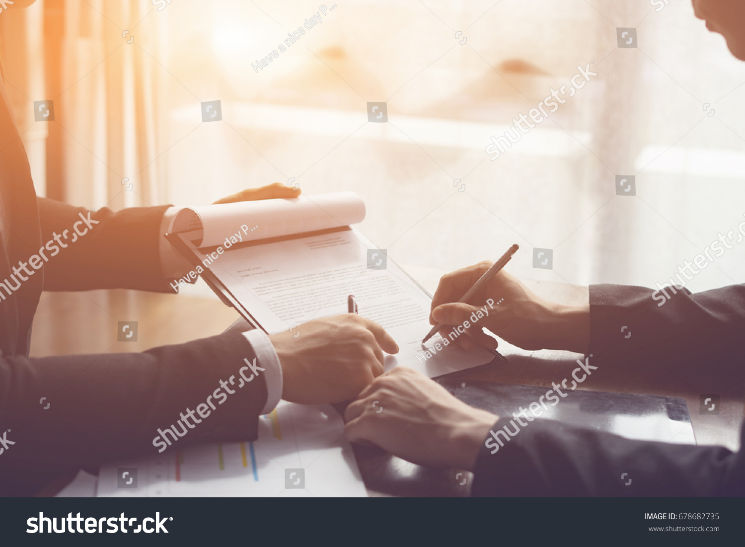 Businessperson Signing Contract about insurance, Two men writing with pen sign of modest agreements form In modern office, morning light, vintage color, success of business partners concept #678682735