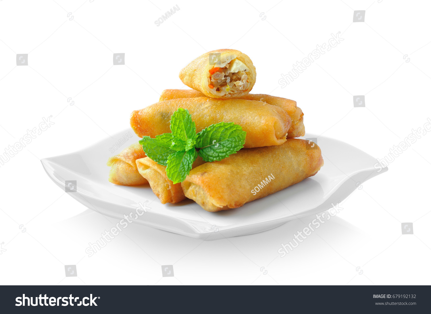 Fried Chinese Traditional Spring rolls food in ceramic plate (beautiful shape) on white background #679192132
