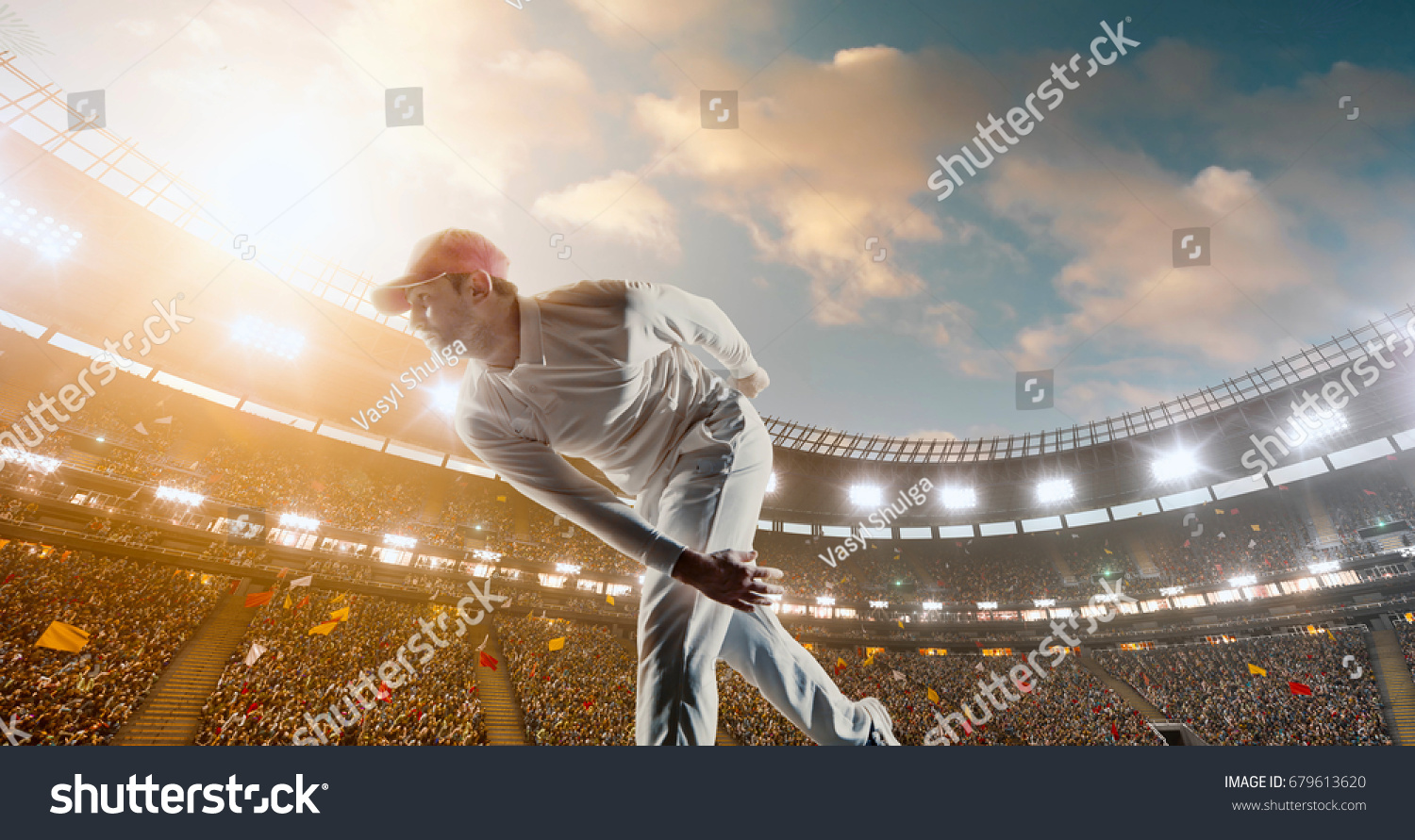 Cricket bowler in action on a professional stadium. The player wears unbranded clothes. The stadium is made in 3D. #679613620